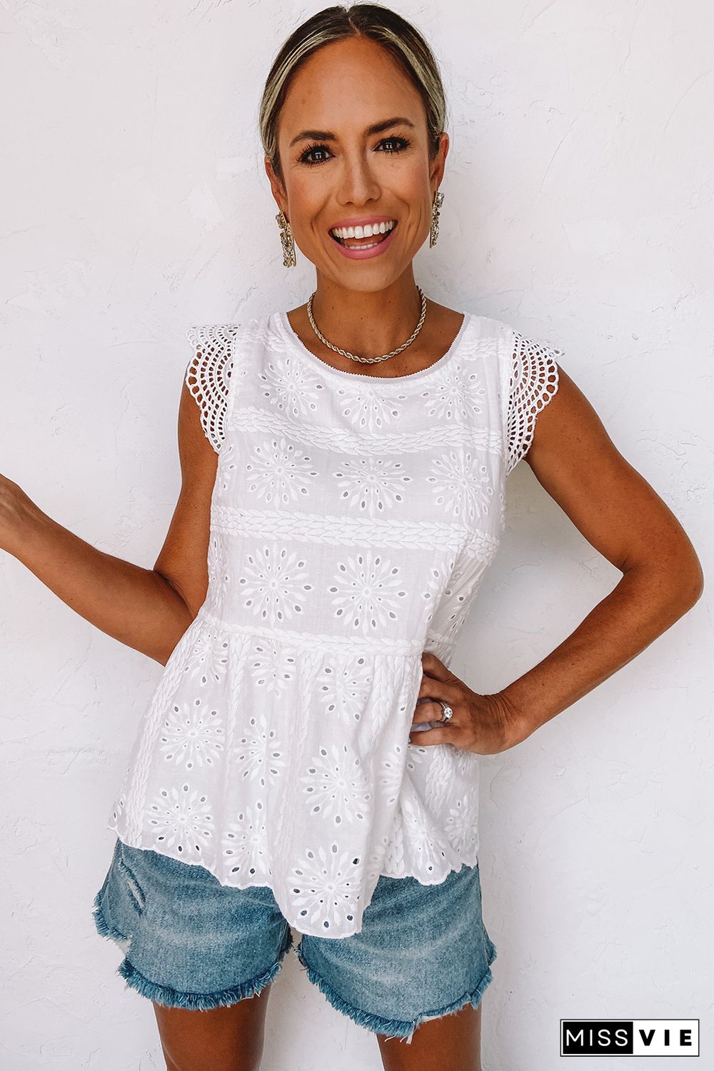 White Contrast Lace Cut-out Flutter Sleeve Blouse