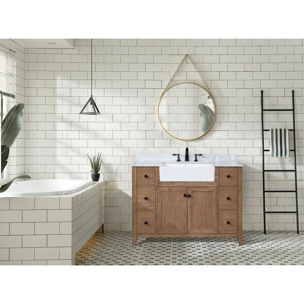 Ari Kitchen and Bath Sally 48 in. Single Bath Vanity in Ash Brown with Marble Vanity Top in Carrara White with Farmhouse Basin AKB-SALLY-48-ASHBR