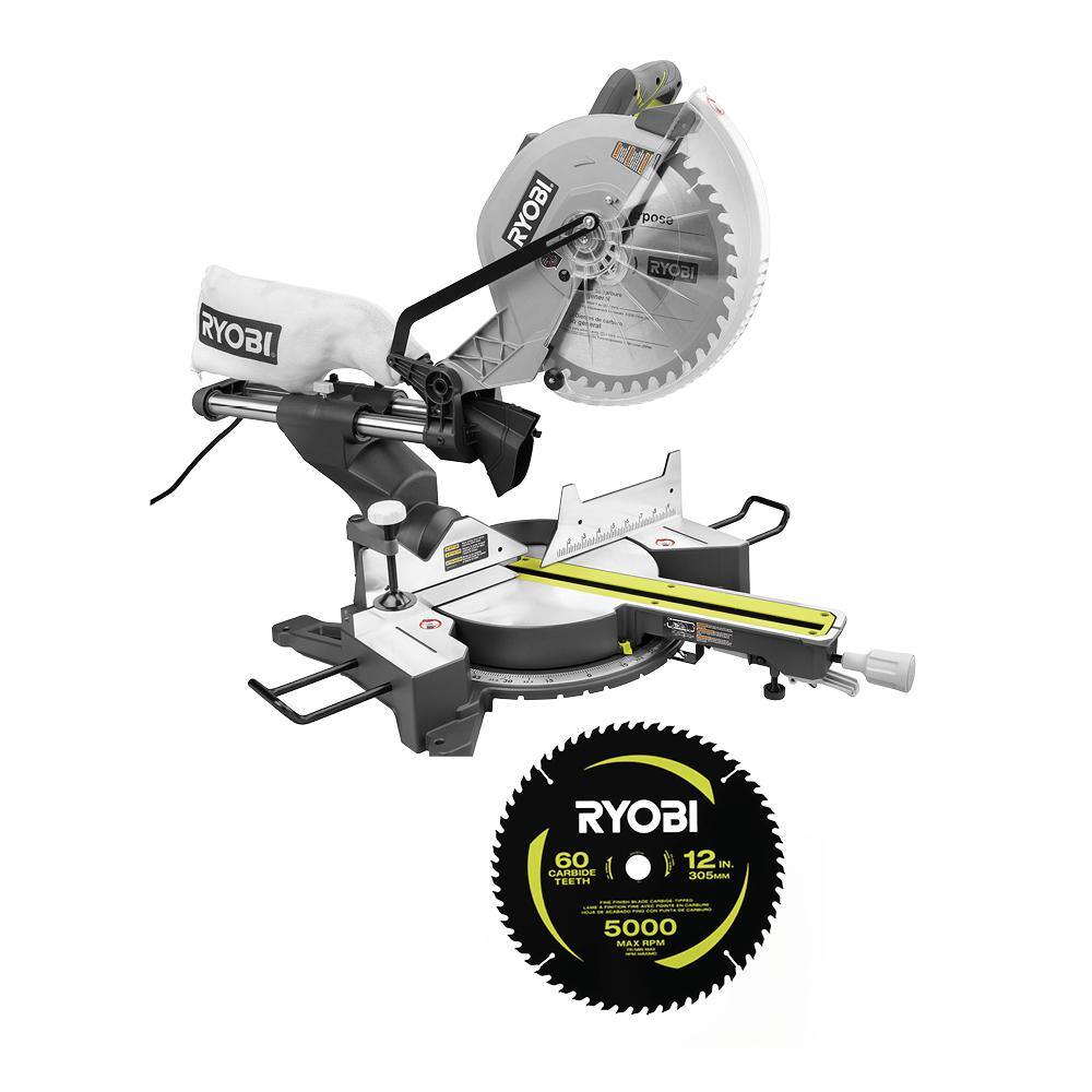 RYOBI 15 Amp 12 in. Corded Sliding Compound Miter Saw with 12 in. 60 Carbide Teeth Thin Kerf Miter Saw Blade TSS121-A181202