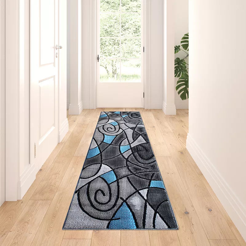 Masada Rugs Masada Rugs Trendz Collection 2'x7' Modern Contemporary Runner Area Rug in Blue， Gray and Black