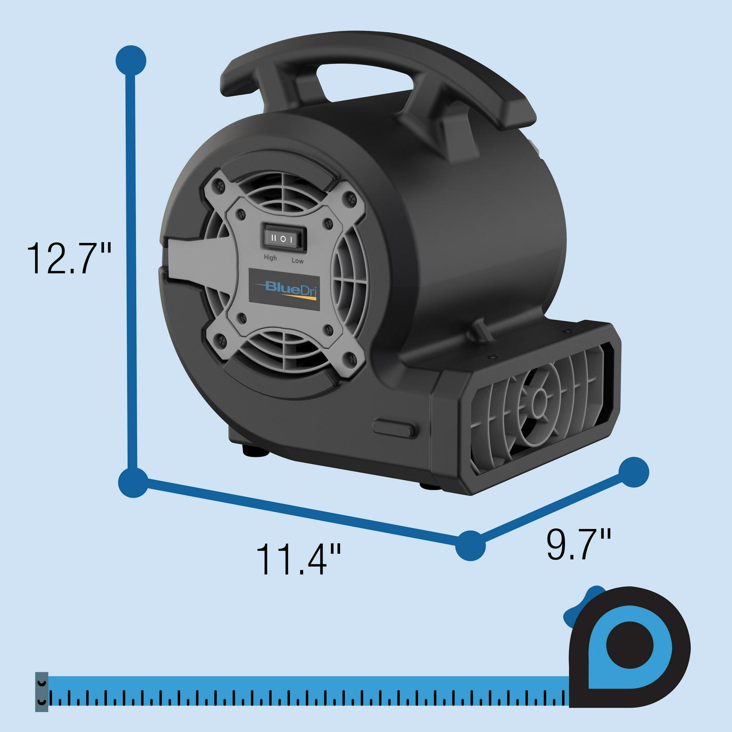 BlueDri 1/8 HP Mini Air Mover Blower Floor Fan with 2 Speeds， BD-VP-15-BK