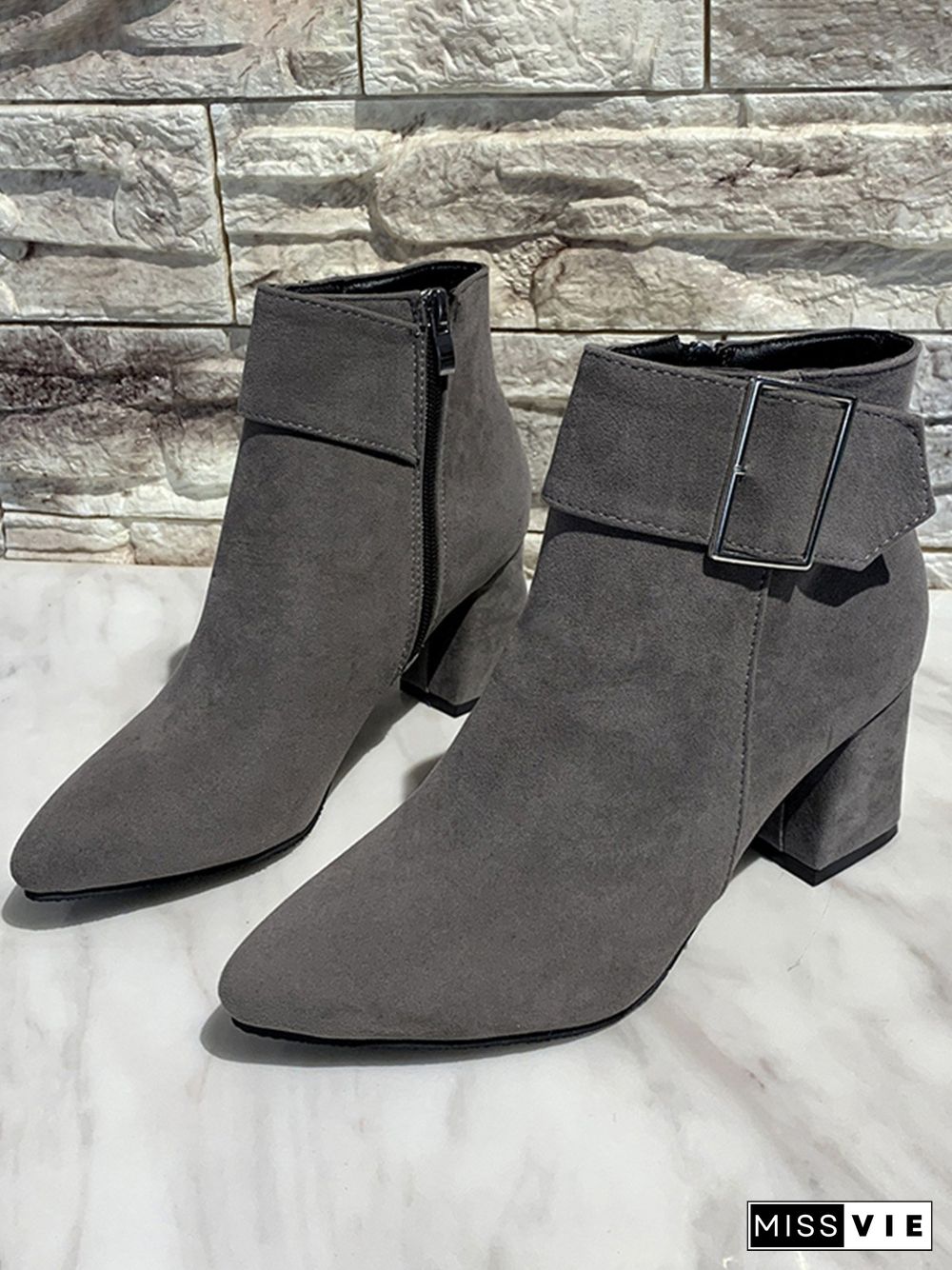 Chunky Heel Buckle Pointed-Toe Suede Martin Boots