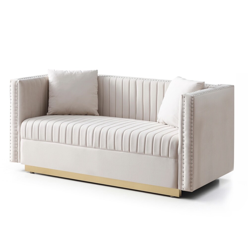 Vertical Tufted Sofa Set Velvet Sectionals Sleeper Loveseat 2pcs Recliner Couch w/ 4 Pillows for Living Room  Beige