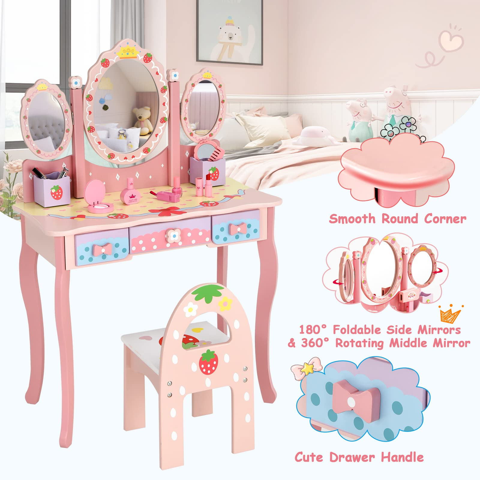 Costzon Kids Vanity Table & Chair Set, 2 in 1 Princess Makeup Dressing Table w/Detachable Top