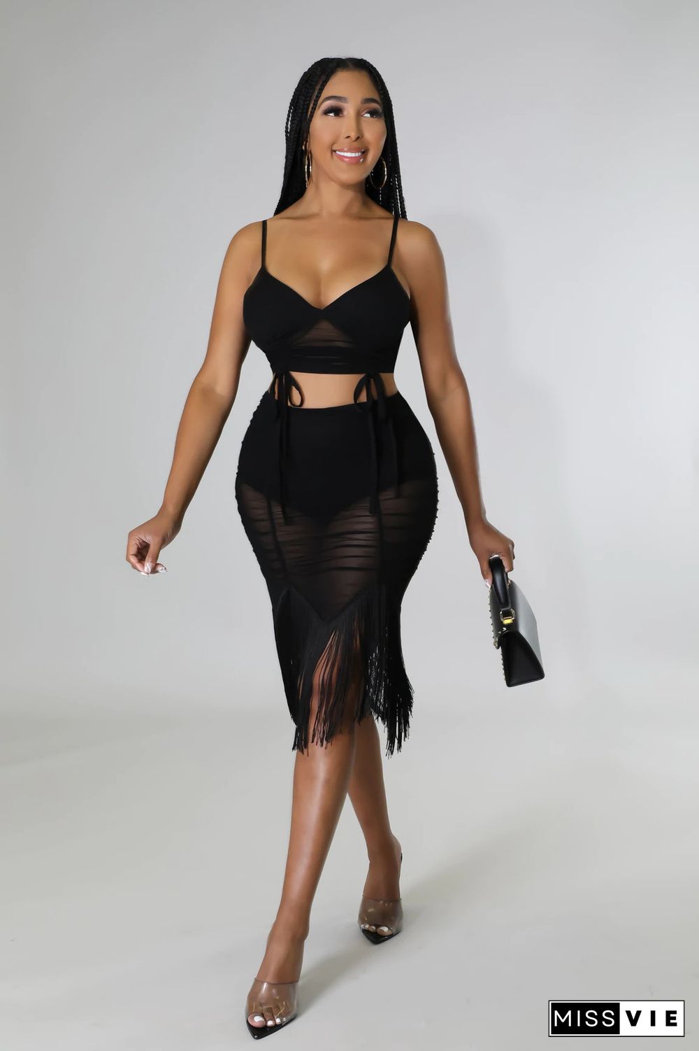 Camisole Crop Top Ruched Sheer Mesh Tassel Skirts Set