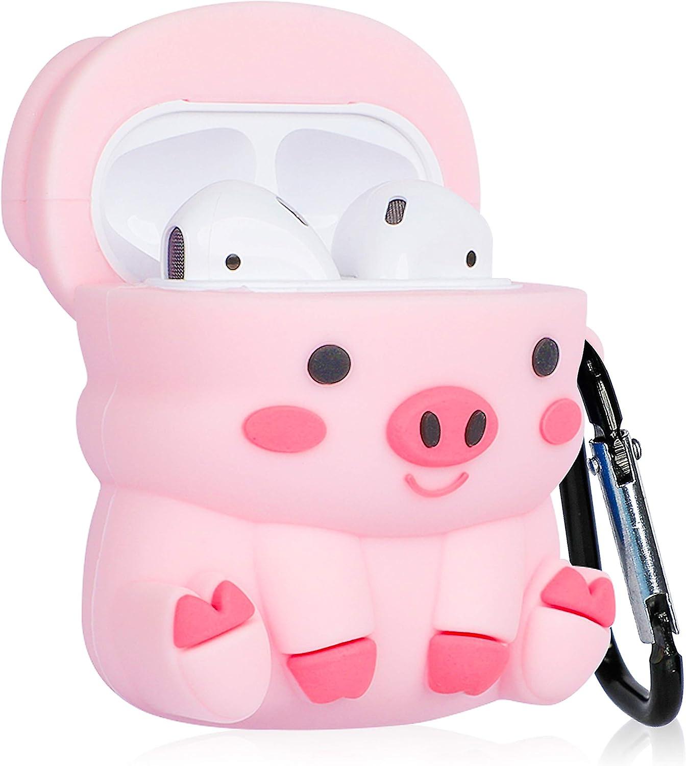 Sit Pink Pig For Airpod 1/2 Case， Cartoon Cute Fashion Cool Silicone Design Character Cover， Unique Stylish Kawaii Funny Fun Shell Girls Women Kids Bo