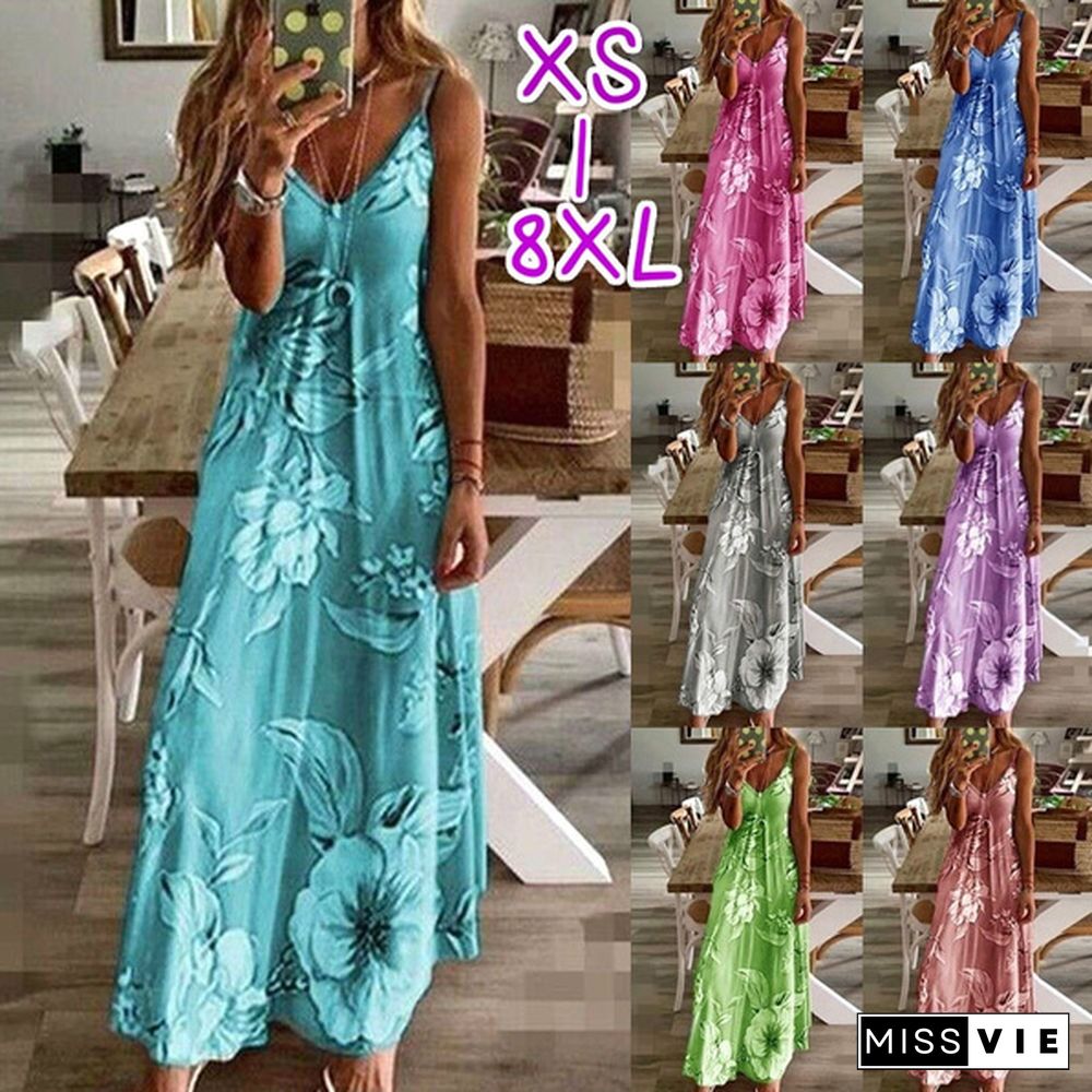 XS-8XL Plus Size Fashion Dresses Summer Clothes Women's Casual Spaghetti Strap Sleeveless Dress V-neck Long Dresses Ladies Loose Cotton Dress Floral Printed Halter Beach Wear Party Dress