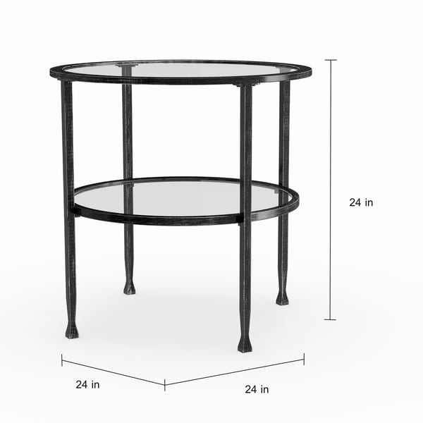 SEI Furniture Glenn Distressed Black Metal Round Side Table with Glass Top and Shelf