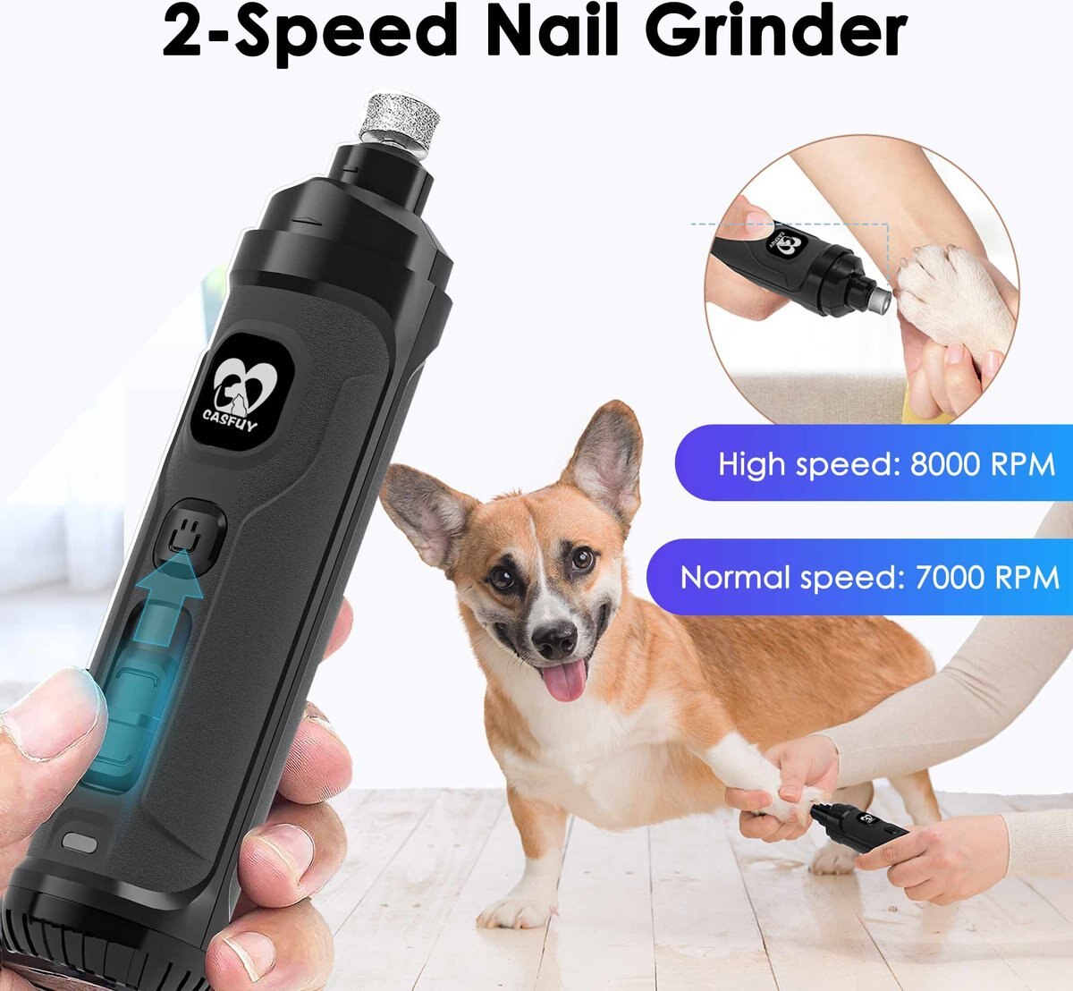 Casfuy 2 LED Light Grooming Dog and Cat Paw Nail Grinder