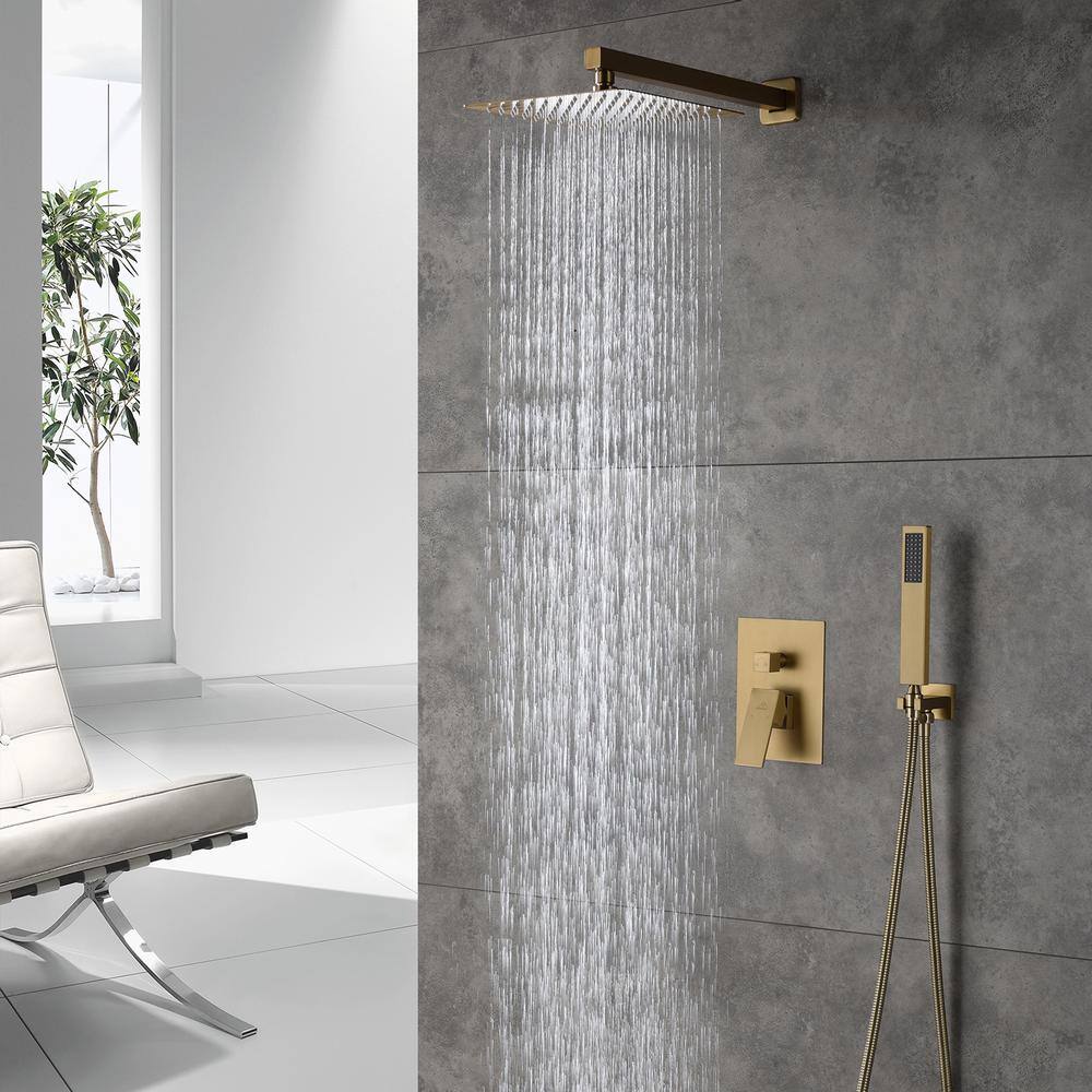 CASAINC 1-Spray Patterns with 10 in. Wall Mount Dual Shower Heads with Hand Shower Faucet in Brushed Gold (Valve Included) M6066-A-10-BG