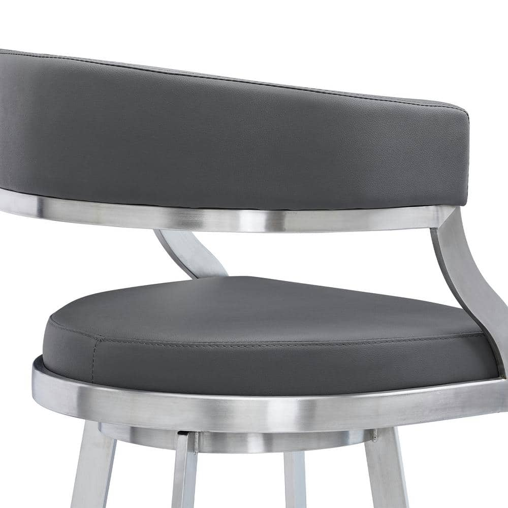 Armen Living Saturn Contemporary 30 in. Bar Height Bar Stool in Brushed Stainless Steel and Grey Faux Leather LCSNBABSGR30