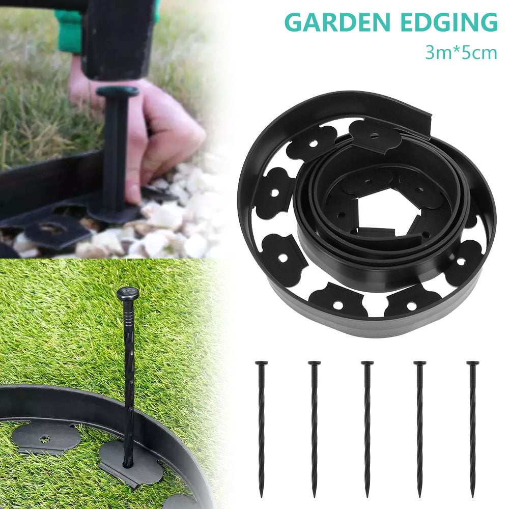 Willstar Flexible Garden Edge Border Wall, Plastic Garden Grass Lawn Edge with 5 Fixing Nails No-Dig Lands (Black - 3m)