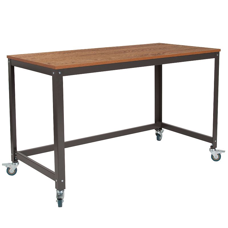 Emma and Oliver Mobile Computer Table Desk in Brown Oak Wood Grain Finish