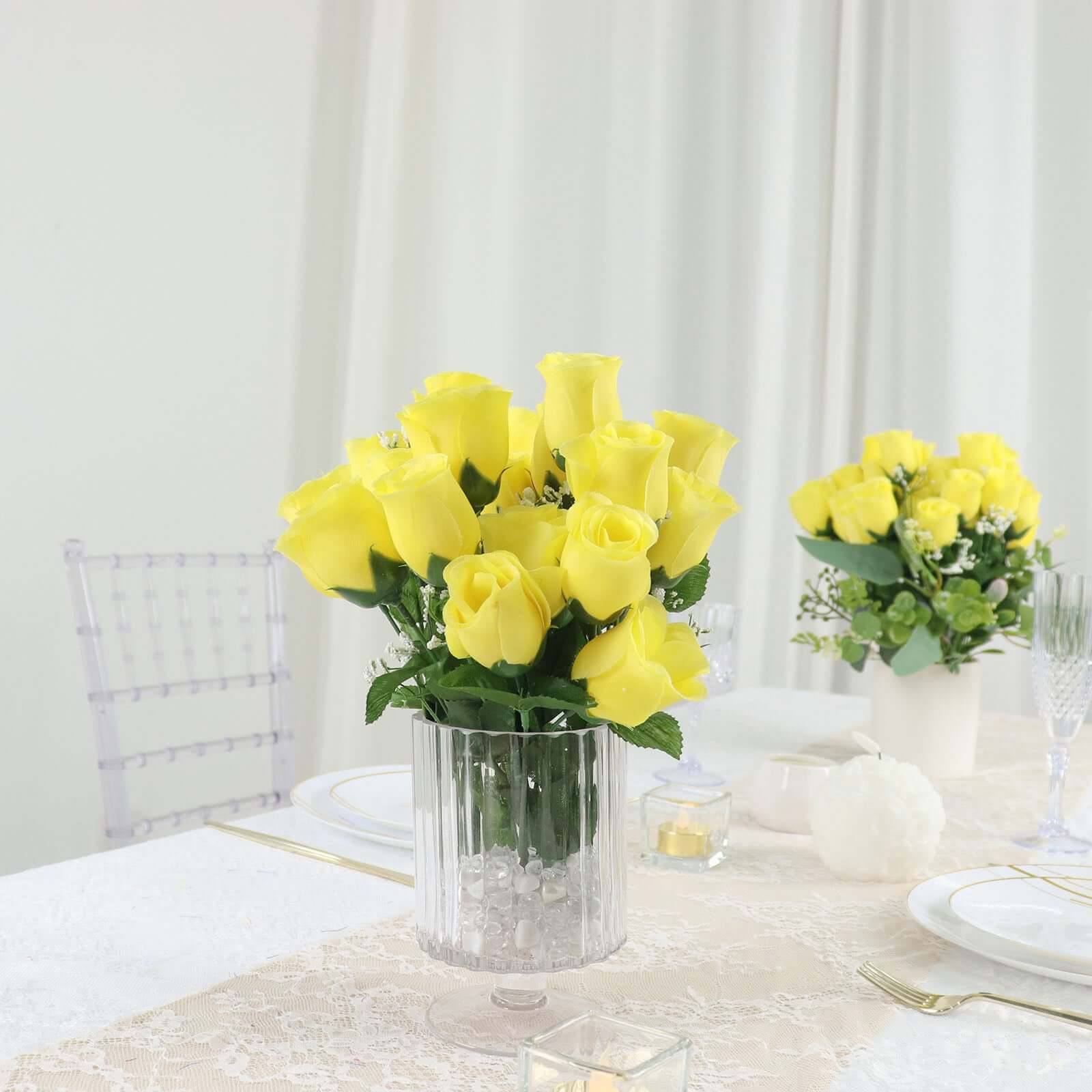 12 Bushes Yellow Artificial Premium Silk Flower Rose Bud Bouquets