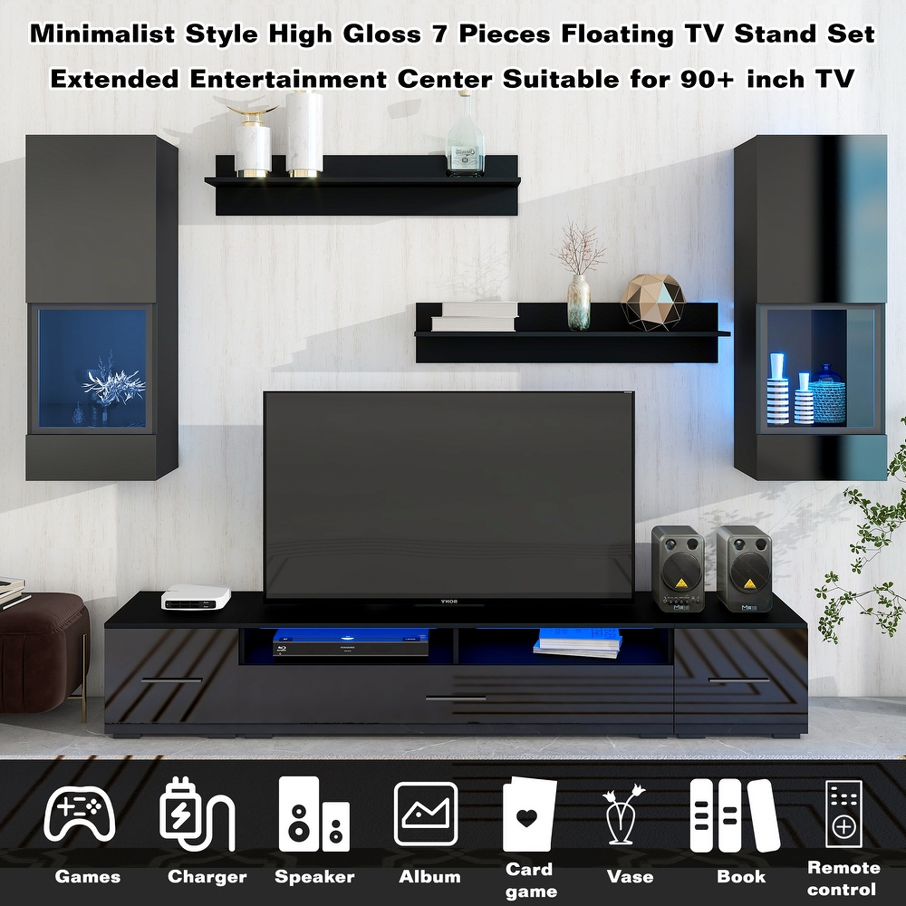 Floating TV Stand with 3 Storage Cabinets   2 Shelves  Modern High Gloss TV Cabinet with 16 Color RGB LED Lights for Living Room