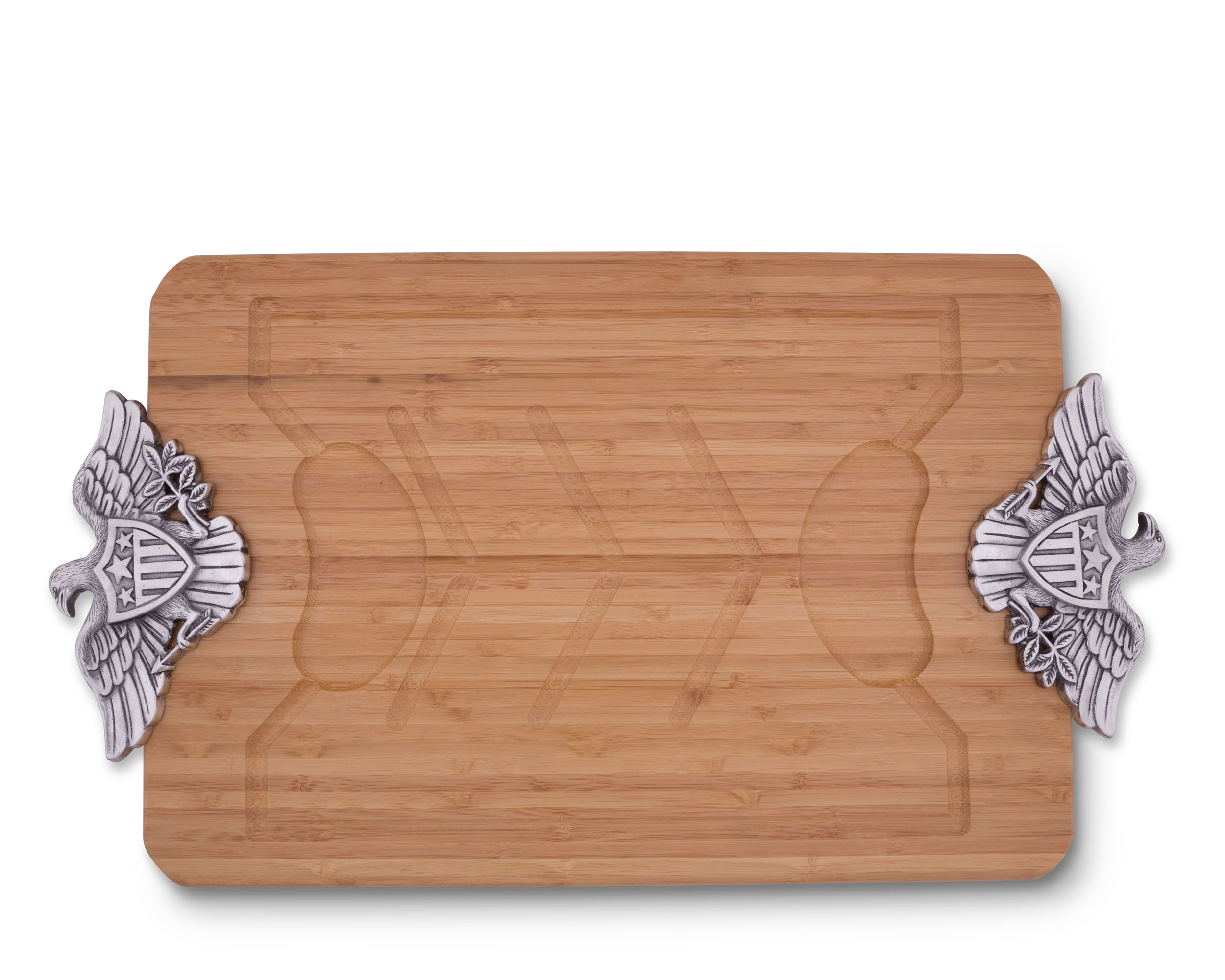 Arthur Court Metal American Eagle Handle Bamboo Wood Carving / Cheese Board Large Tray for Serving Meats or Appetizer 23.5 Inch