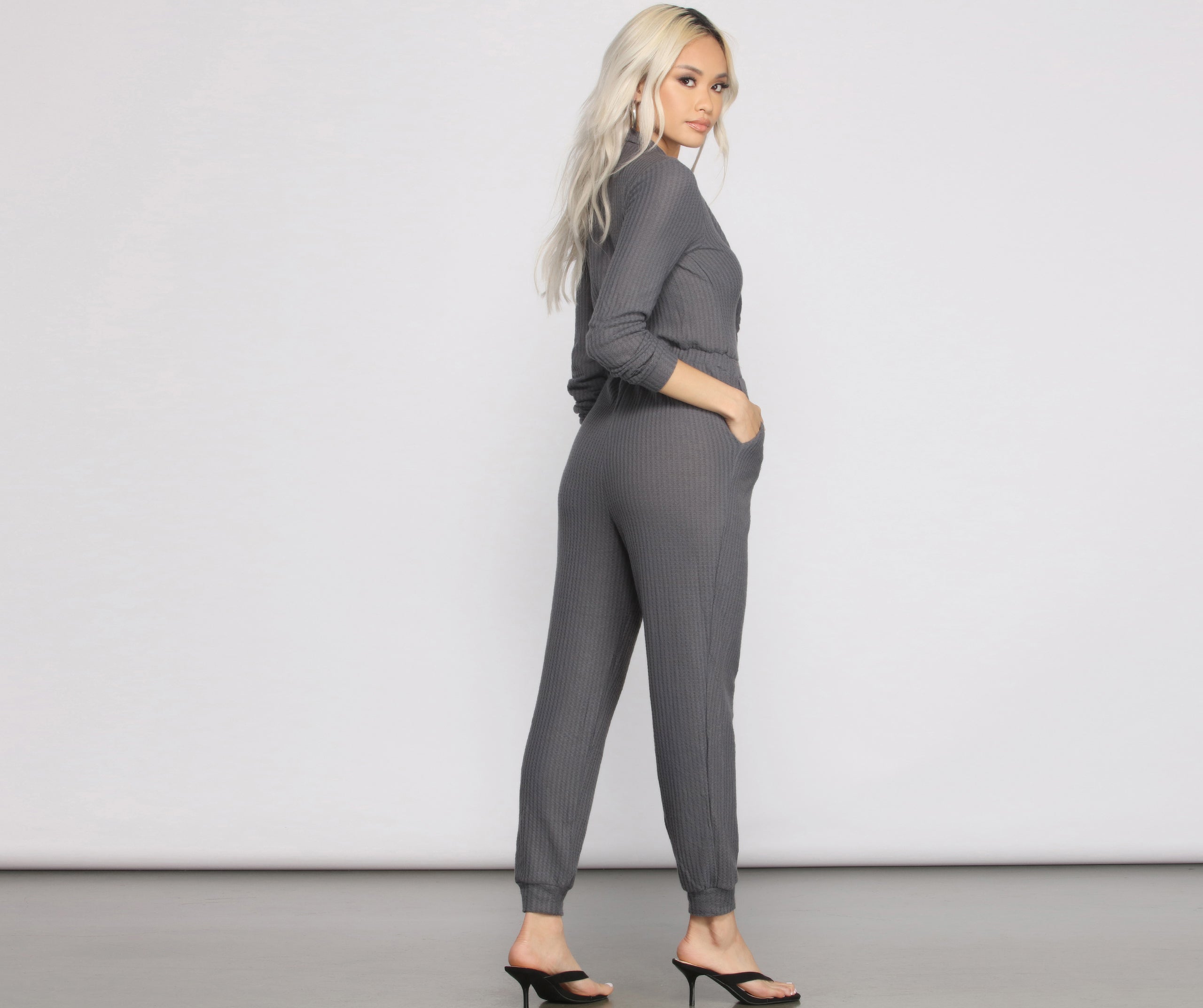 Cozy and Chic Ribbed Surplice Jogger Jumpsuit