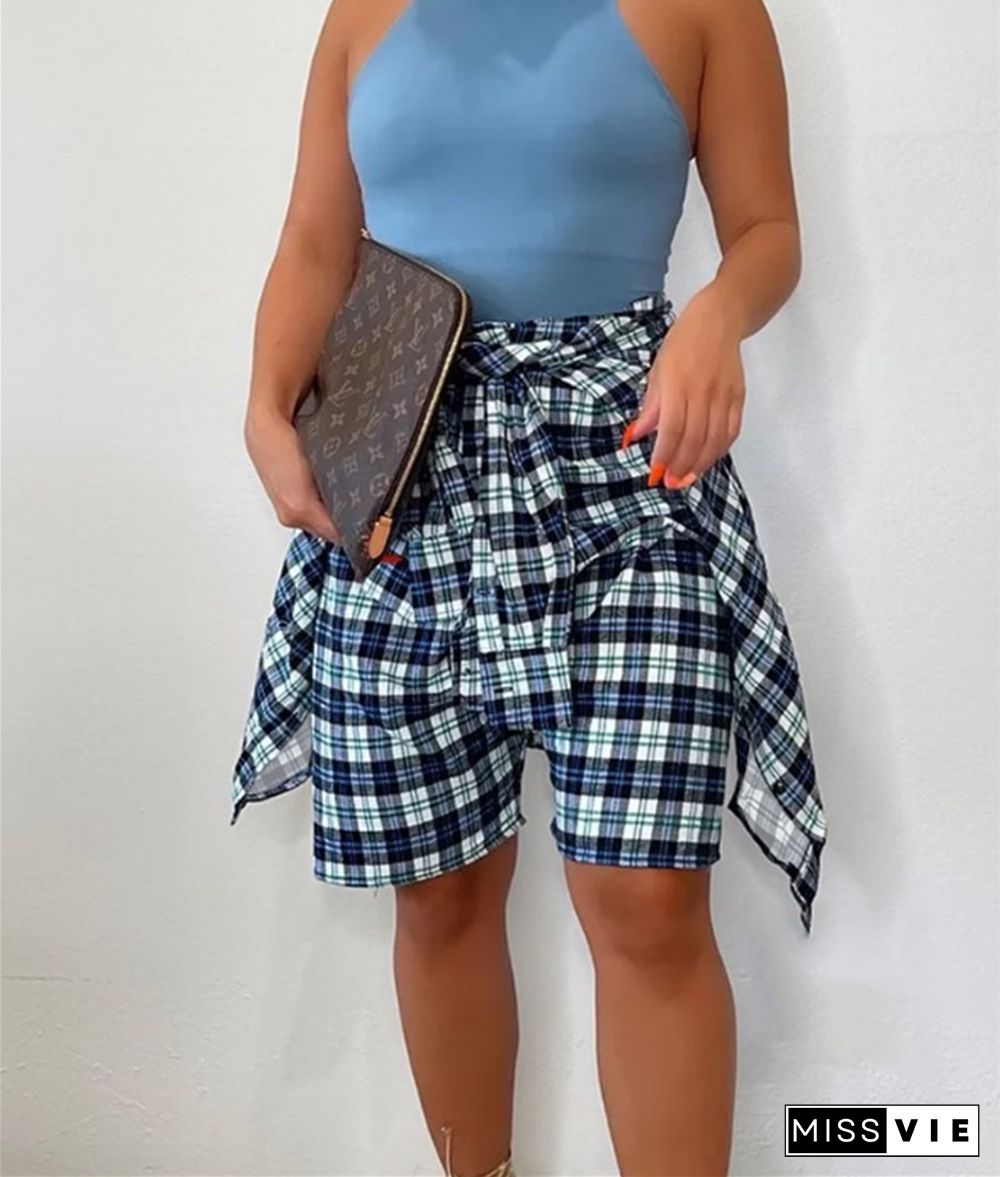 Plaid High Waist Bandage Loose Stretewear Shorts