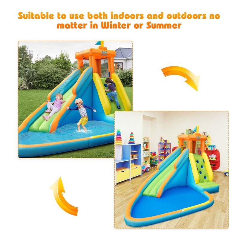 Kids Inflatable Water Park Bouncy Castle with Long Water Slide, Climbing Wall, Splash Pool, 740W Air Blower