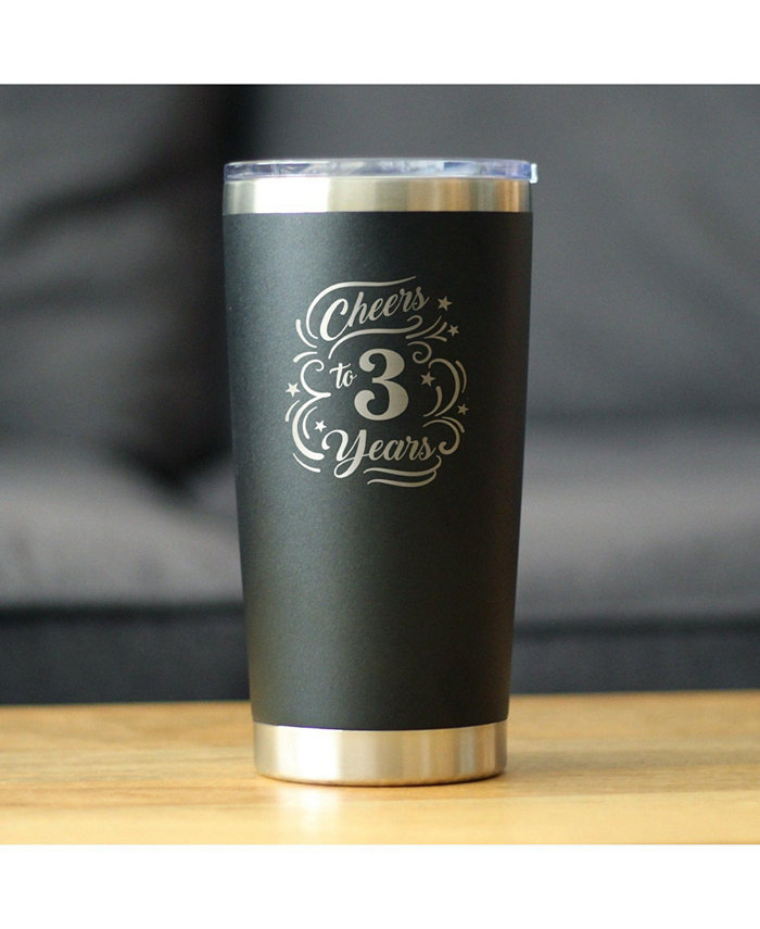 Bevvee Cheers to 3 Years - Insulated Coffee Tumbler Cup with Sliding Lid - Stainless Steel Insulated Mug - 3rd Anniversary Gifts and Party Decor