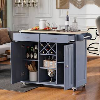 Runesay Gray Blue Kitchen Island Cart with 2 Storage Cabinets and 4 Locking Wheels 2-Drawers Wine Spice Rack Towel Rack EC-KIGB-9133