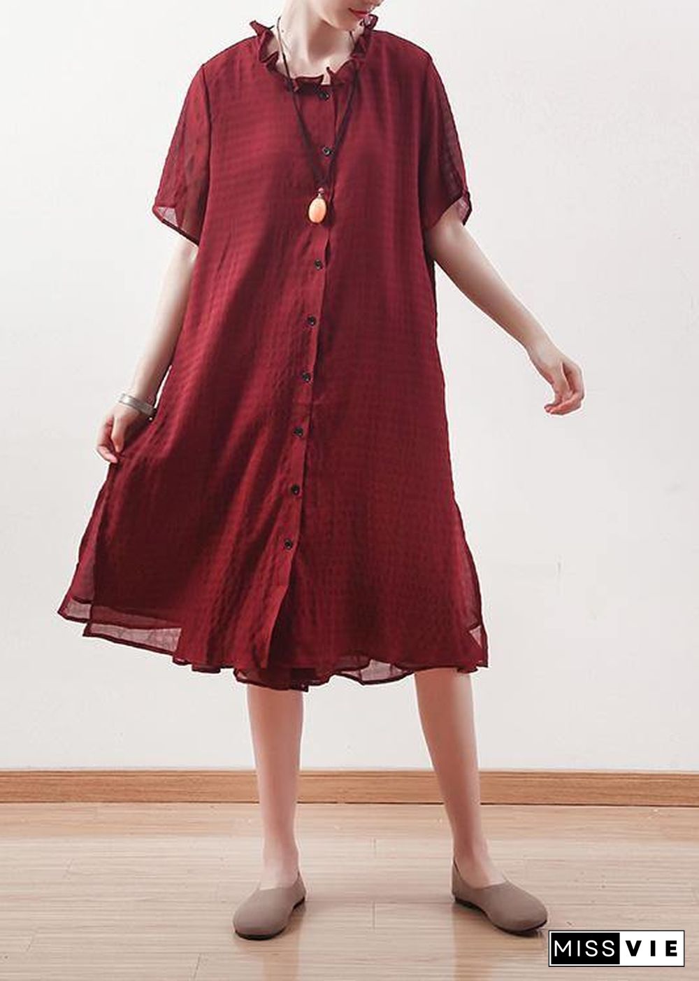 Beautiful red Chiffon clothes ruffles collar short summer shirt Dress