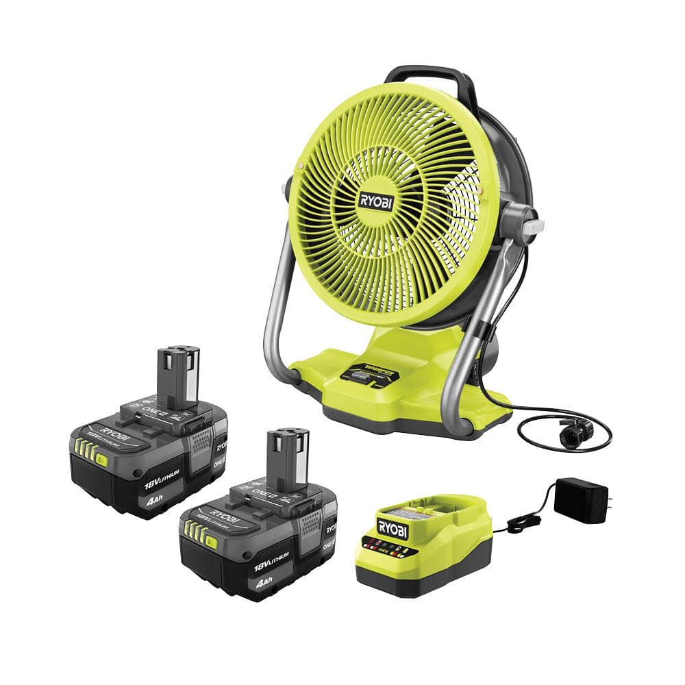 RYOBI ONE+ 18V Cordless Hybrid WHISPER SERIES 12 in. Misting Air Cannon Fan Kit with (2) 4.0 Ah Batteries and 18V Charger PCL850K1-PBP005