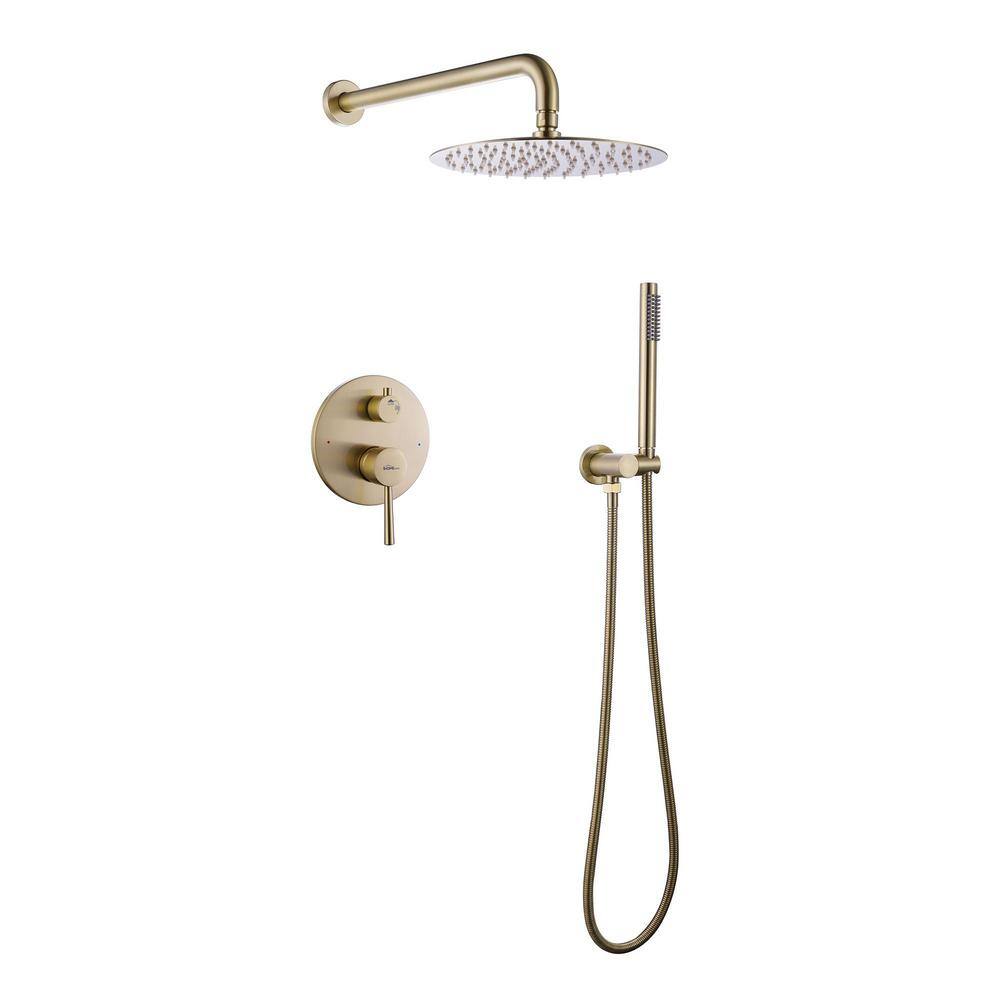 IHOMEadore 1-Spray Patterns with 1.8 GPM 10 in. Wall Mount Dual Shower Heads with Handheld Shower Head Set in Brushed Gold JKRCS81005BG-EB