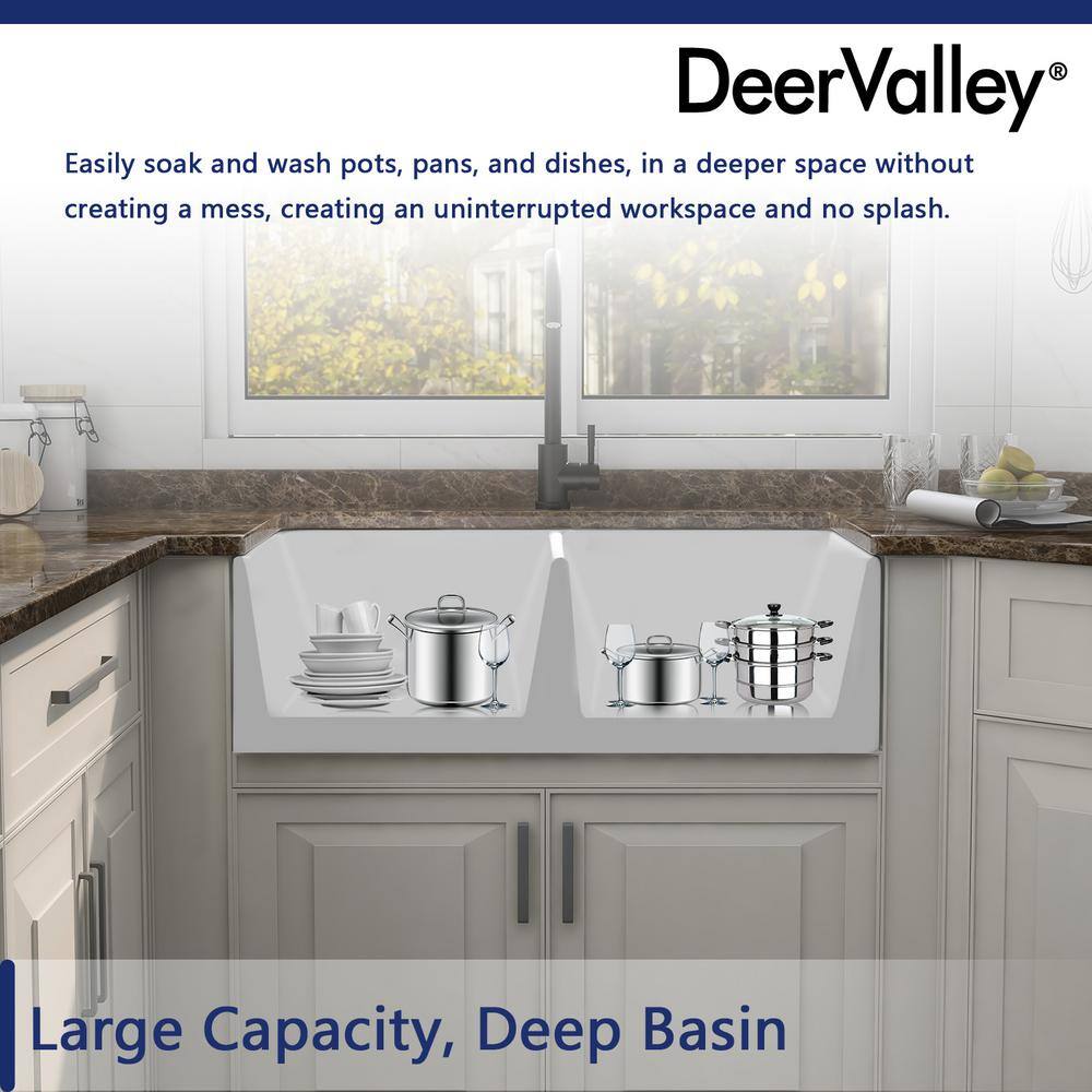 DEERVALLEY Eclipse White Ceramic 33 in. L 5050 Rectangular Double Basin Farmhouse Apron Kitchen Sink with Grid and Strainer DV-1K028