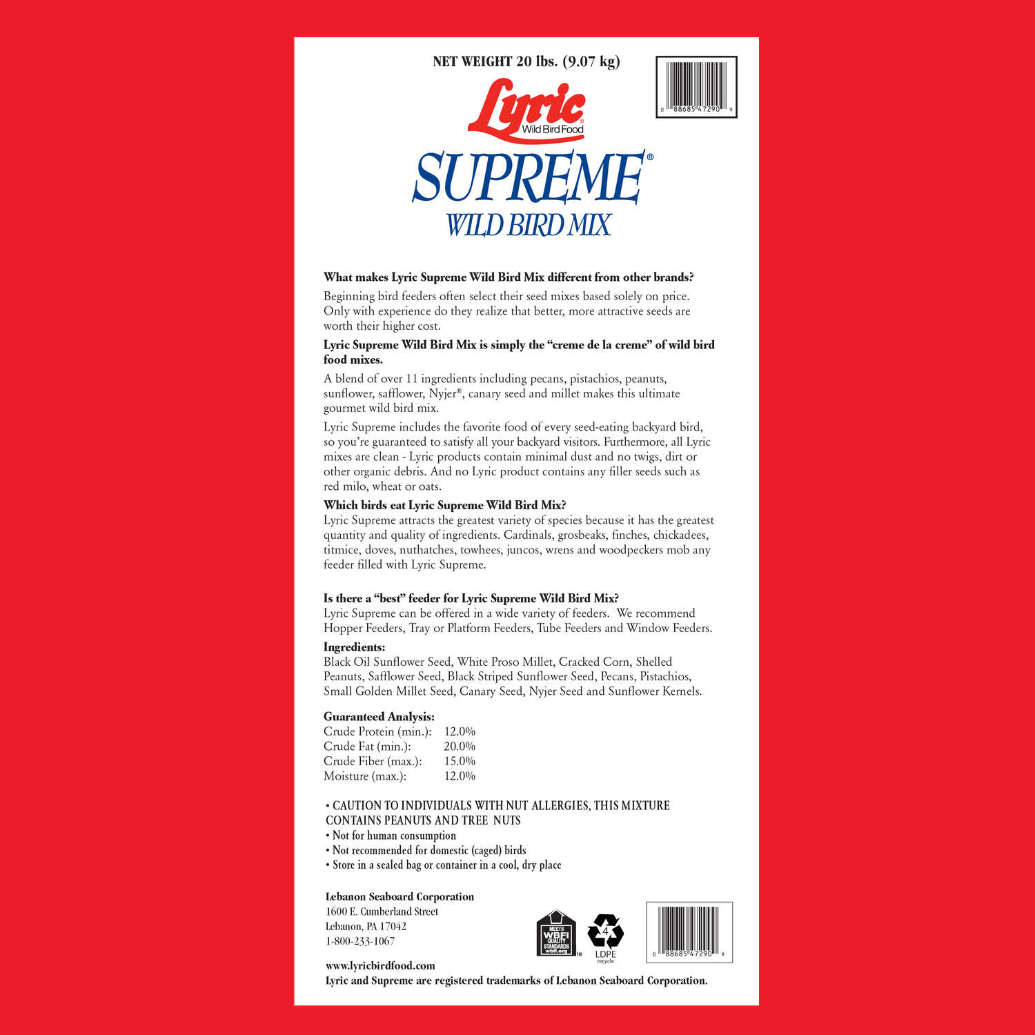 Lyric Supreme Assorted Species Sunflower Seeds Wild Bird Food 20 lb