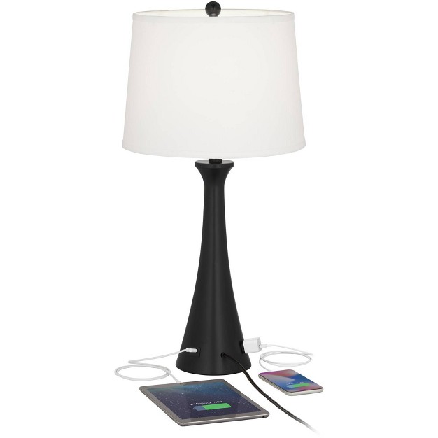 Tall Set Of 2 Black Metal With Usb And Ac Power Outlet In Base White Drum Shade For Bedroom Living Room