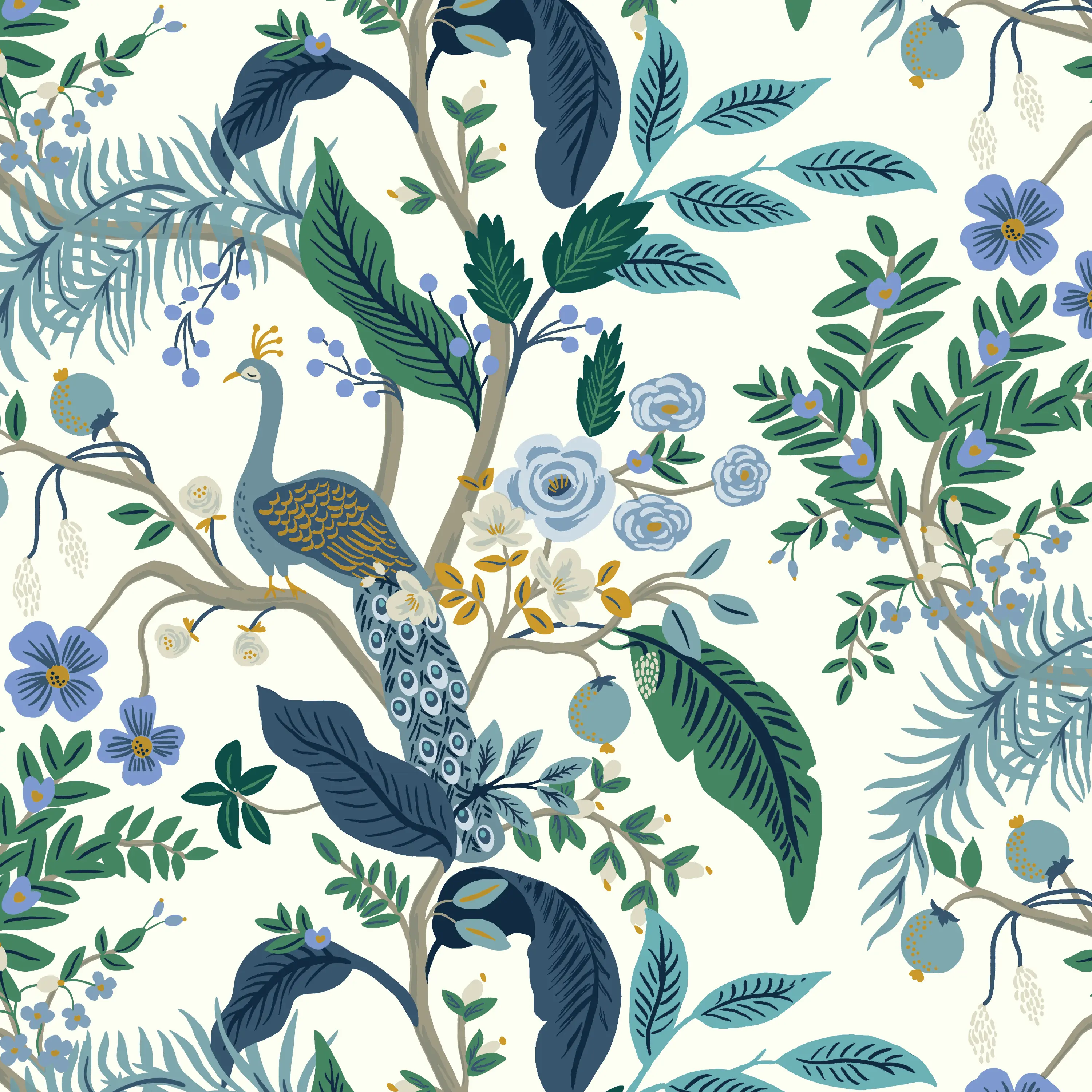 Rifle Paper Co. Flora Blue Peacock Pillowtop Bench