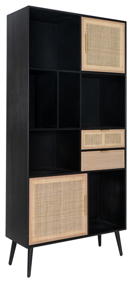 Benzara BM285151 Bookcase  6 Unique Shelves  4 Rattan Drawers  Black  Brown   Midcentury   Bookcases   by Uber Bazaar  Houzz