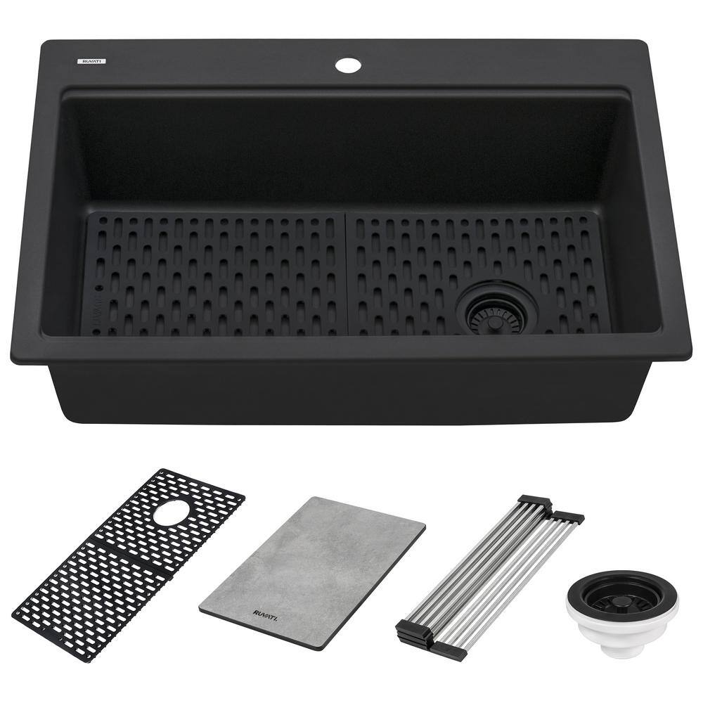 Ruvati epiStage Matte Black Granite Composite 33 in. Single Bowl Drop-In Workstation Kitchen Sink RVG1302BK