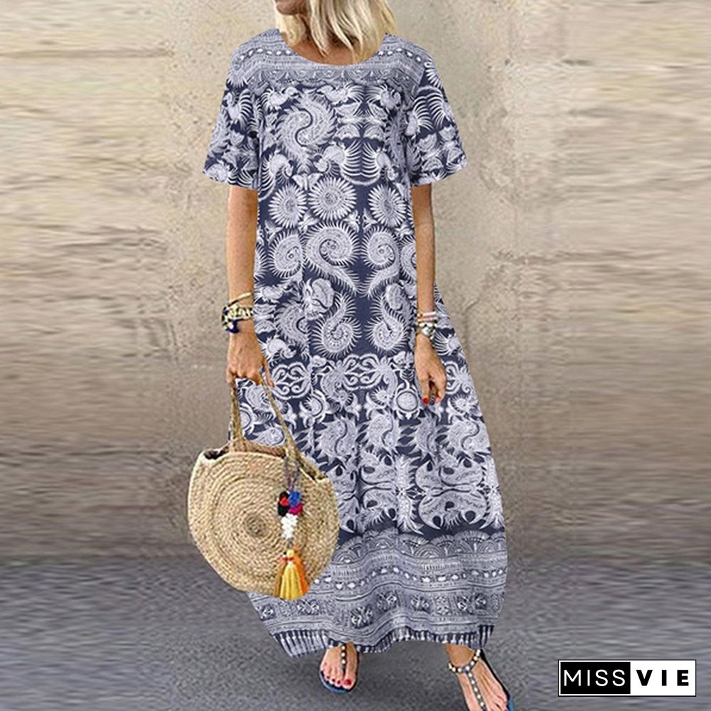 Fashion Summer Women Retro Printed Dress Casual Loose Ladies Cotton Dress Plus