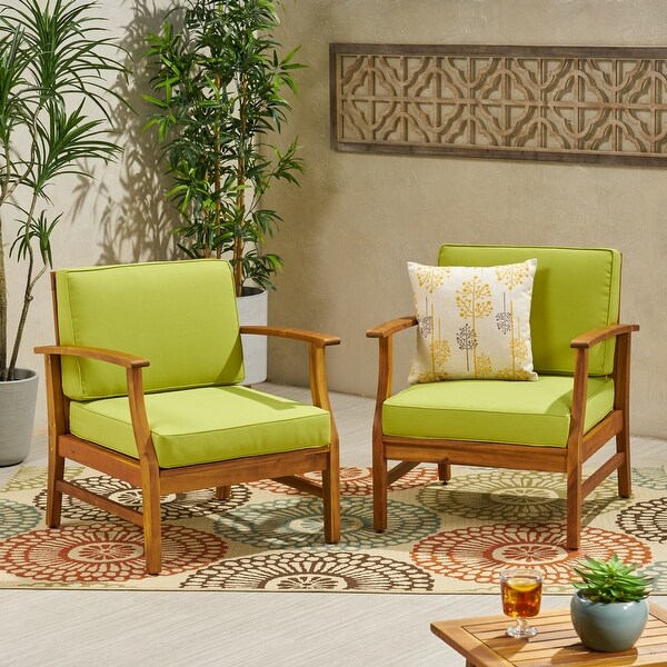 Zavier Outdoor Acacia Wood Club Chairs With Cushion， Teak Finish， Green