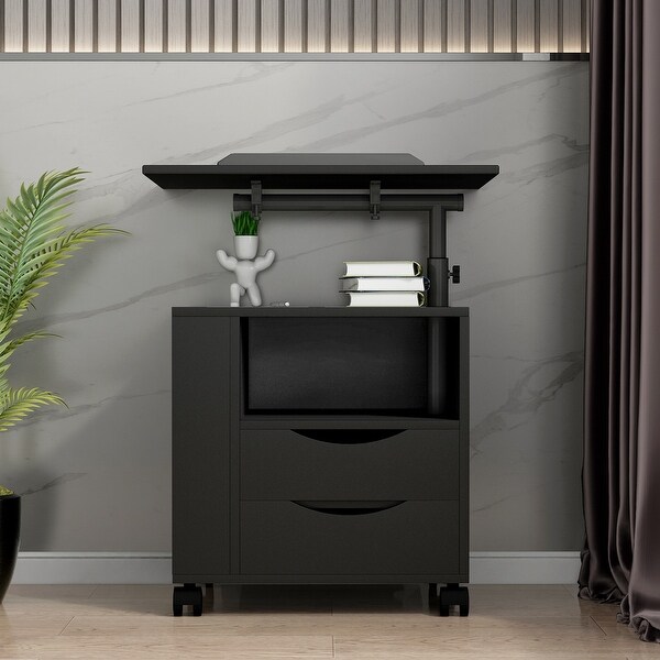 Height Adjustable Overbed End Table Wooden Nightstand with Swivel Top， Drawers， Wheels and Open Shelf， Black