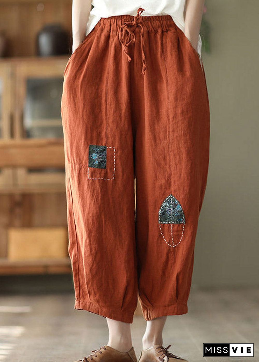 Orange Pockets Tie Waist Linen Harem Pants Summer