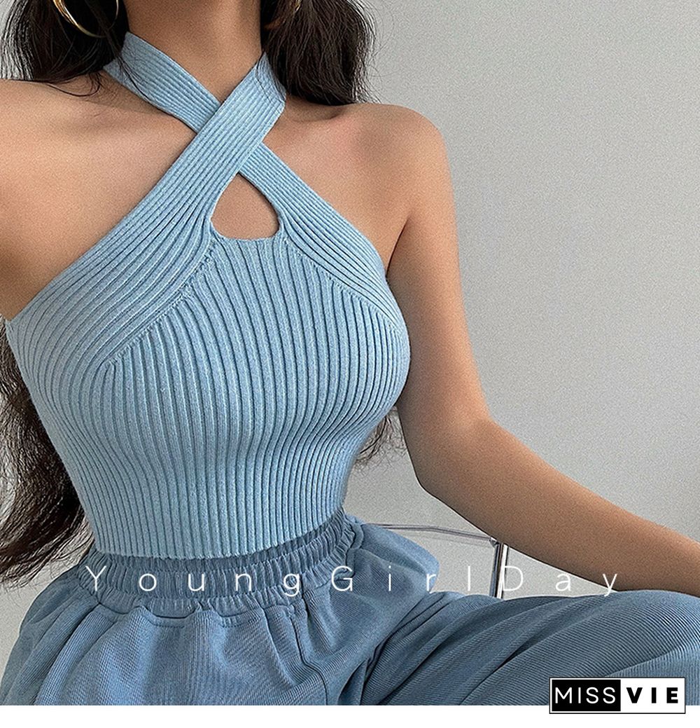 Women Summer Knitted Top Female Camisoles Solid Cute Crop Tops Women Camis Straps Plain Off Shoulder Crop Tops For Women