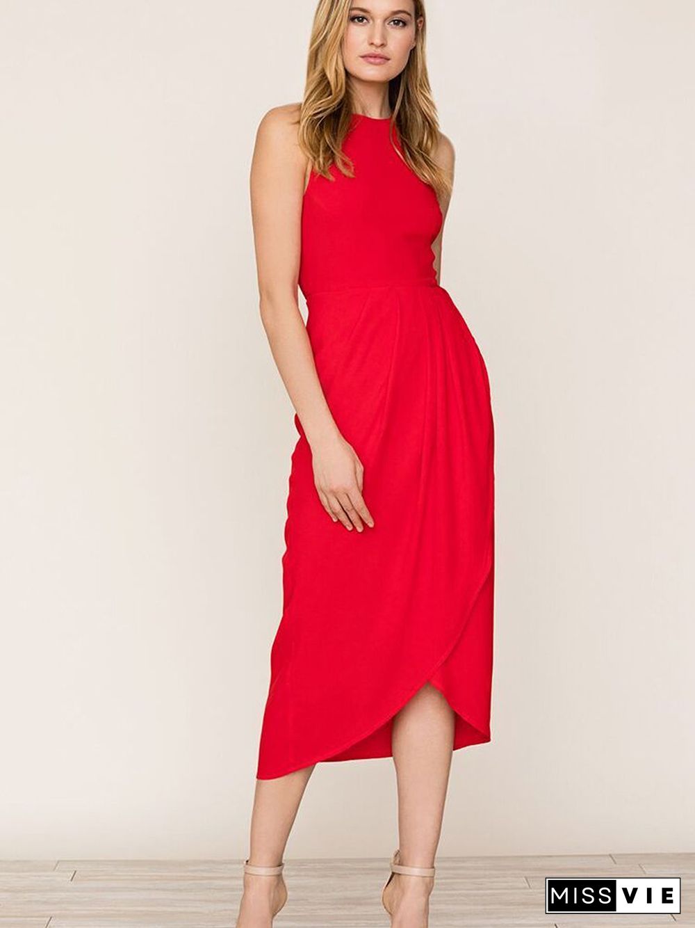 Red So Social Round Neck Sleeveless Irregular Hem Midi Dress