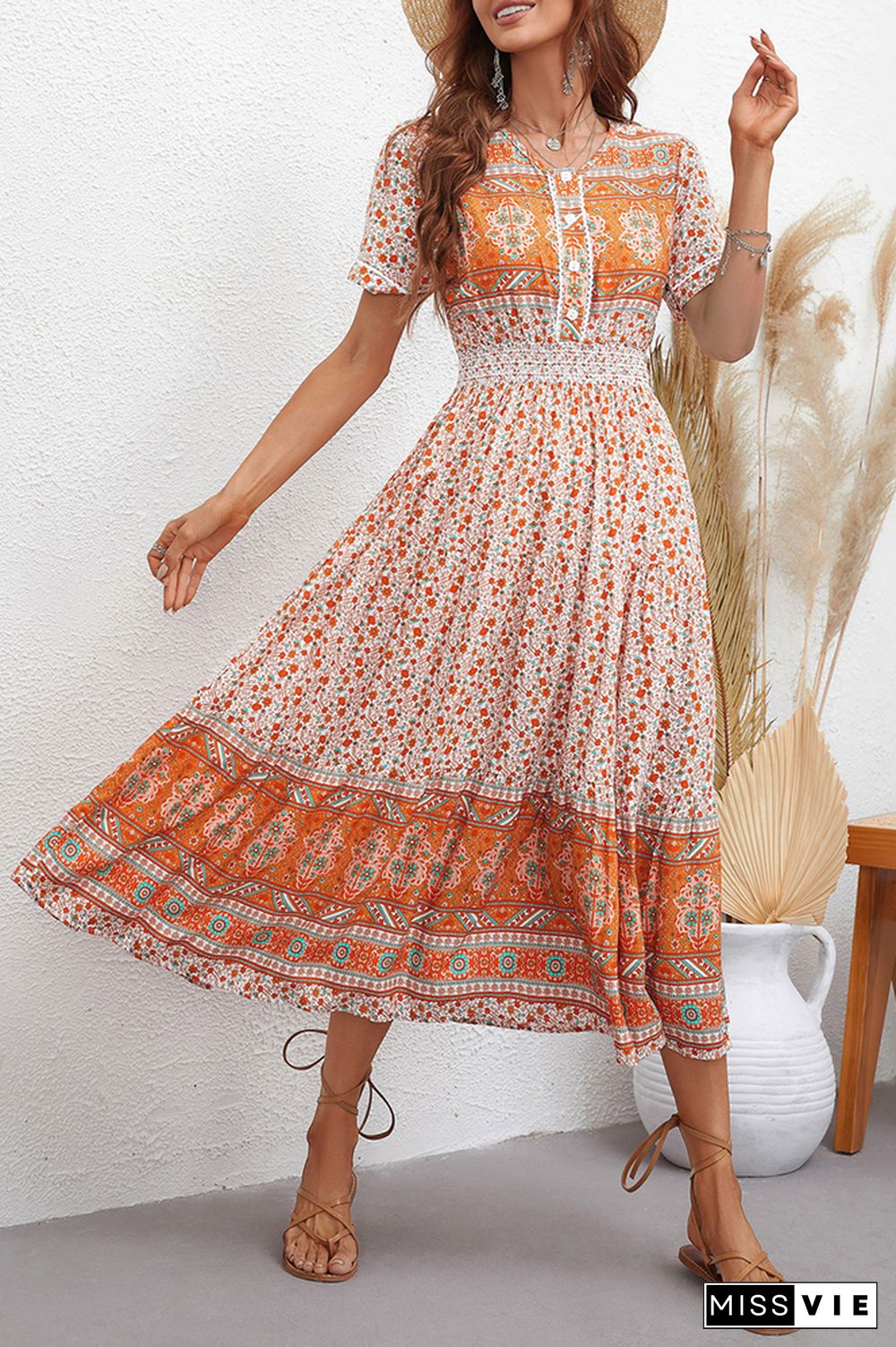 Bohemia Style Vintage Floral Print Midi Dress