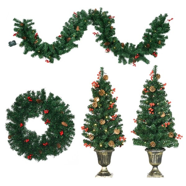 Prelit 4Piece Holiday Christmas Set: 2 Entrance Trees，Garland and Wreath with Warm White LED Lights