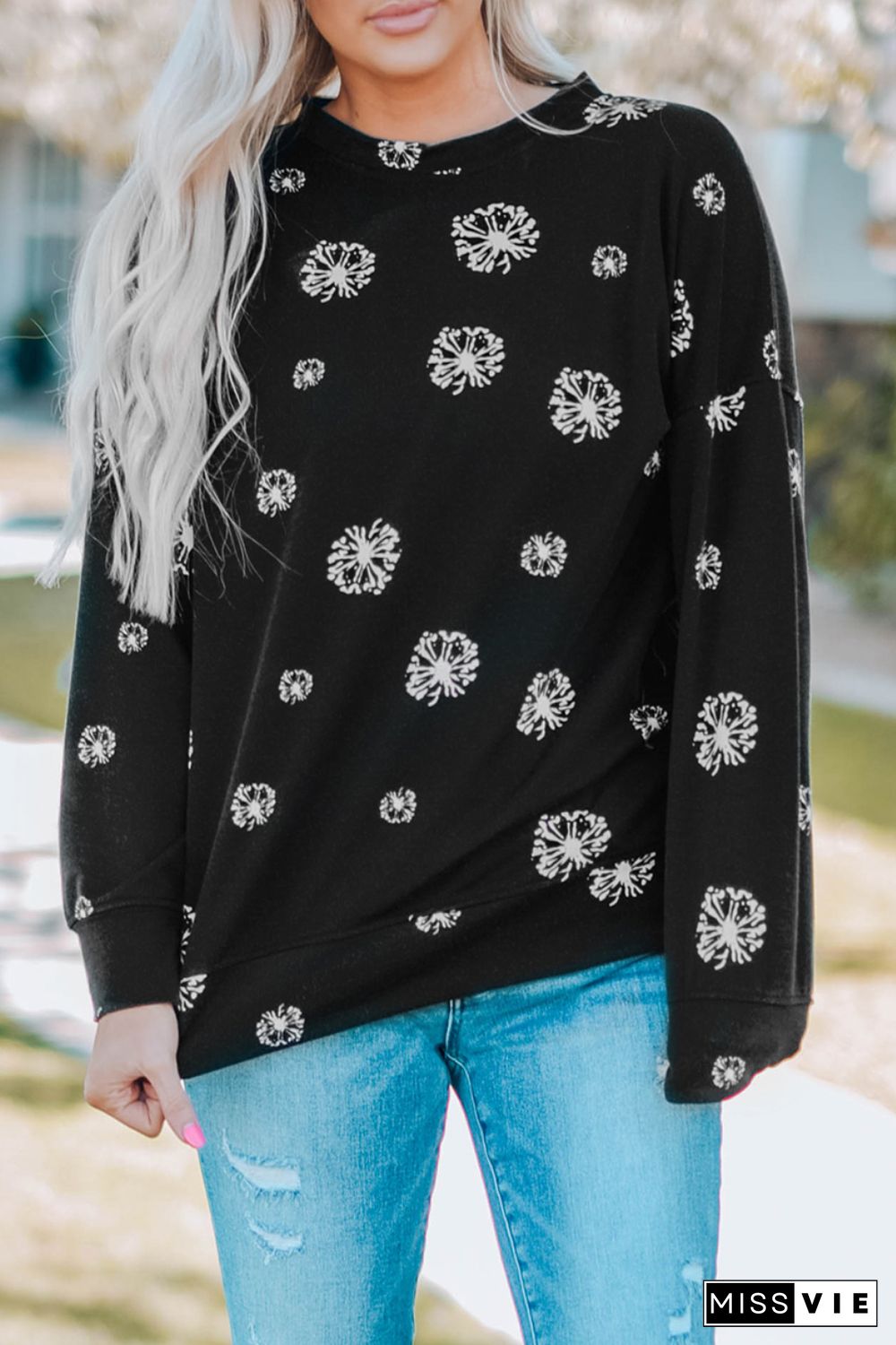 Black Dandelion Print Round Neck Sweatshirt