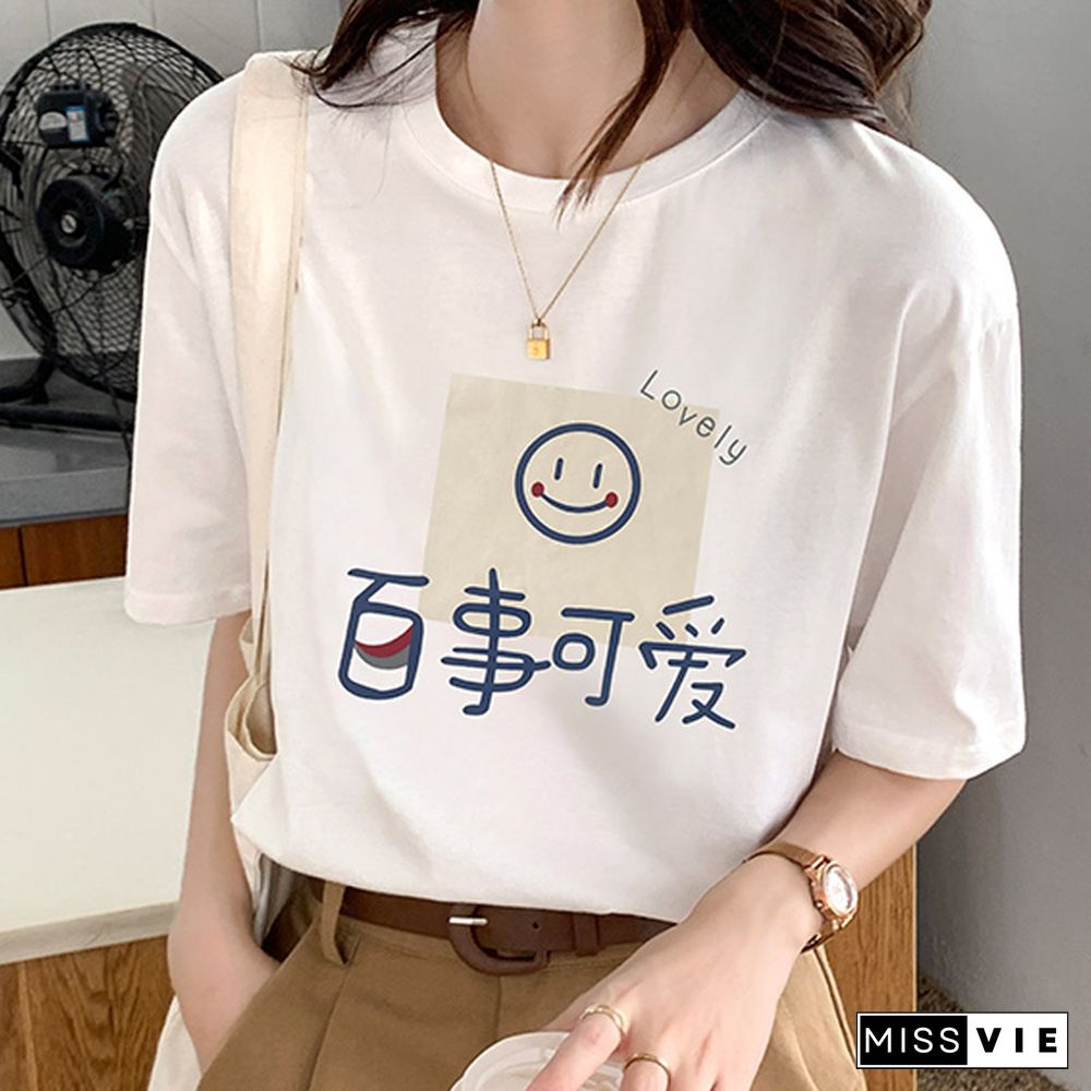 Cartoon Letter Print Round Collar Loose T-Shirt