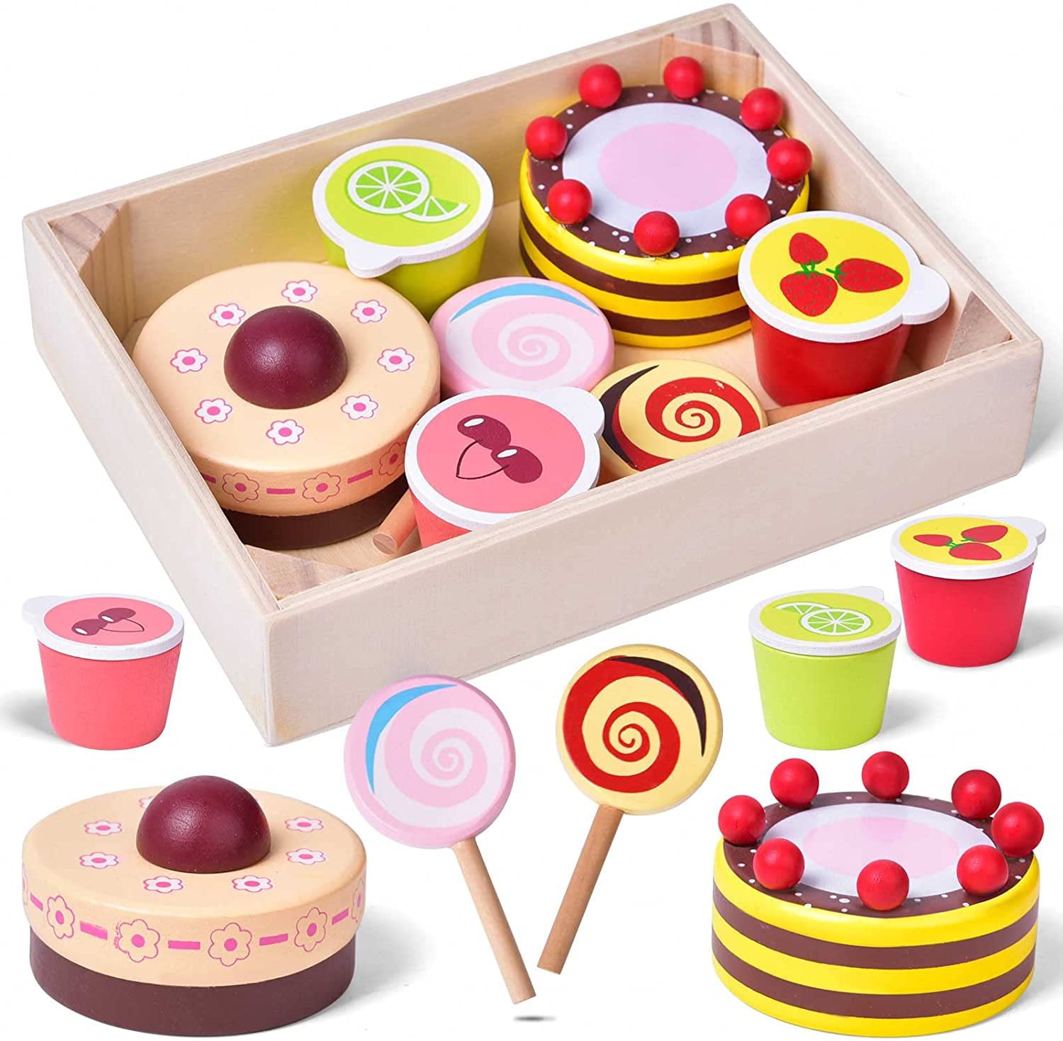 Fun Little Toys Colorful Wooden Play Food for Kids Kitchen, Birthday, Xmas Party Supplies for Boys,Girls