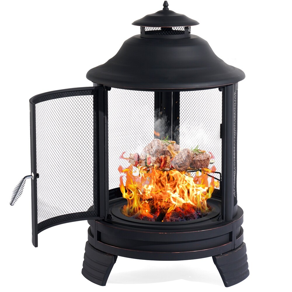 Chiminea Fire Pit with Grill for Outdoor  2 in 1 Fire Pit with Removable Grate