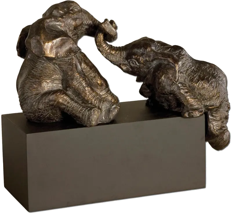 Antique Bronze Playful Pachyderms with Gray Glaze and Black Base