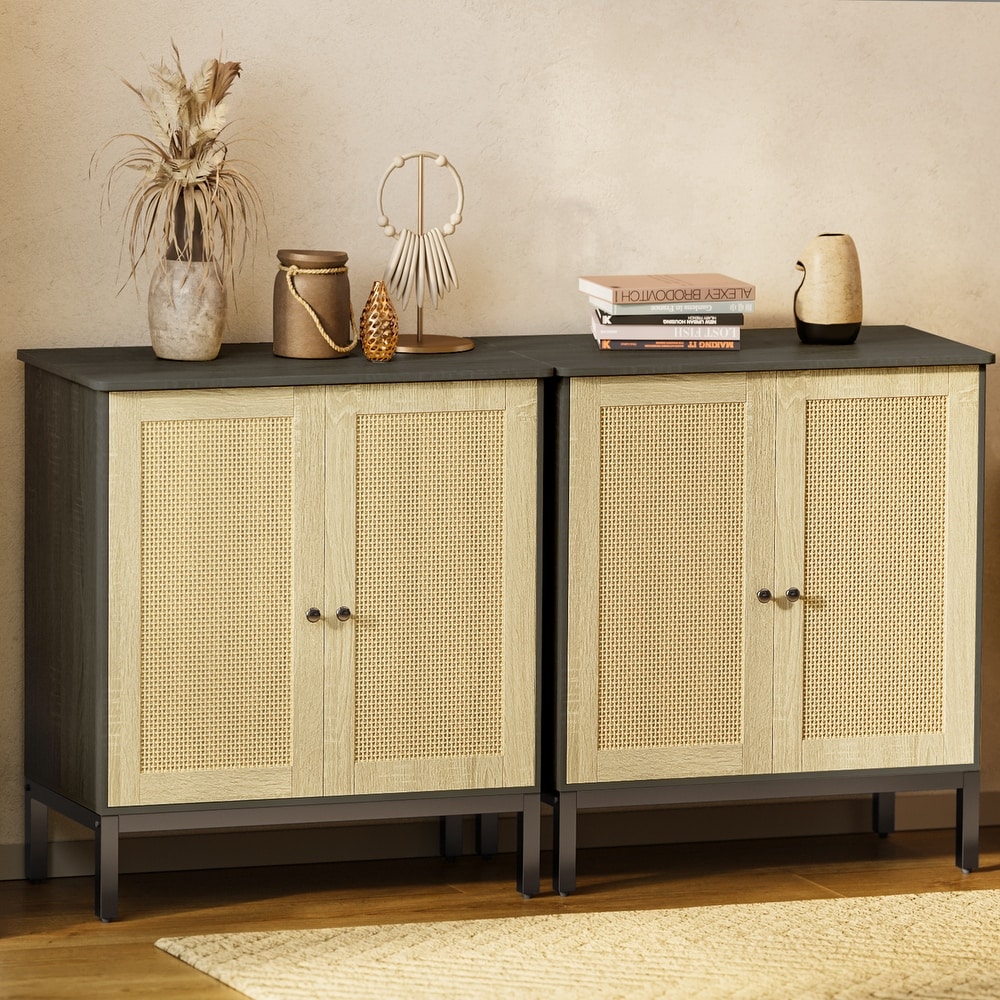 Rattan Accent Buffet Sideboard Storage Cabinet with 2 Doors   N/A