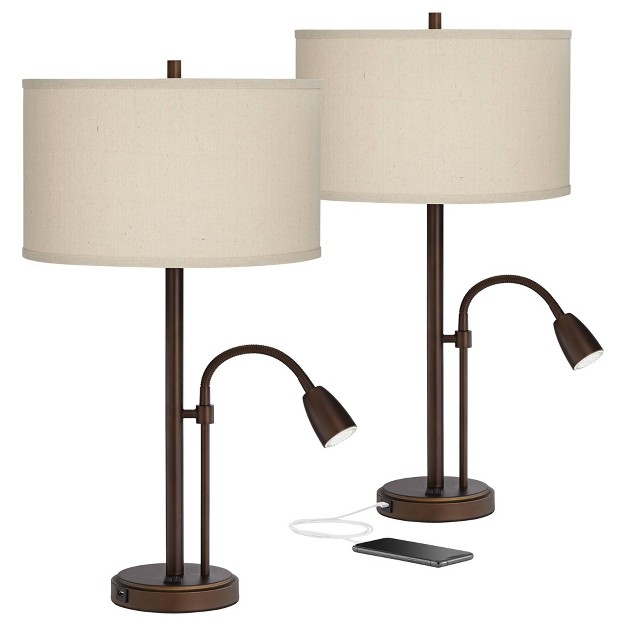 Tall Set Of 2 With Usb Charging Port Gooseneck Led Bronze Oatmeal Shade For Bedroom Living Room