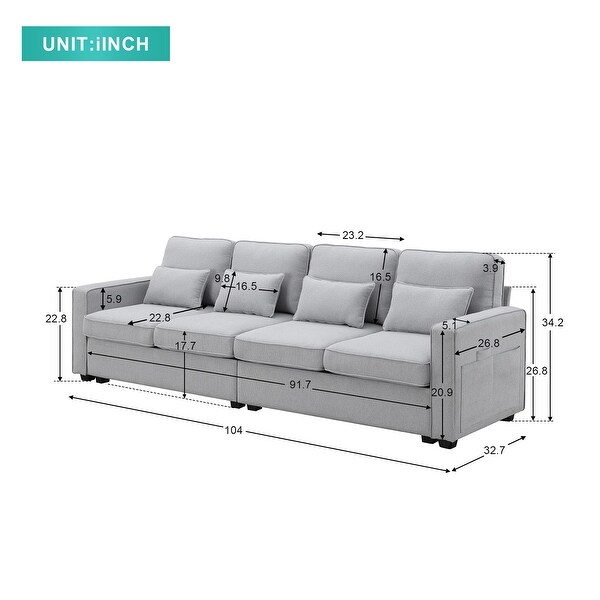 4-Seater Modern Linen Fabric Sofa with Armrest Pockets and 4 Pillows